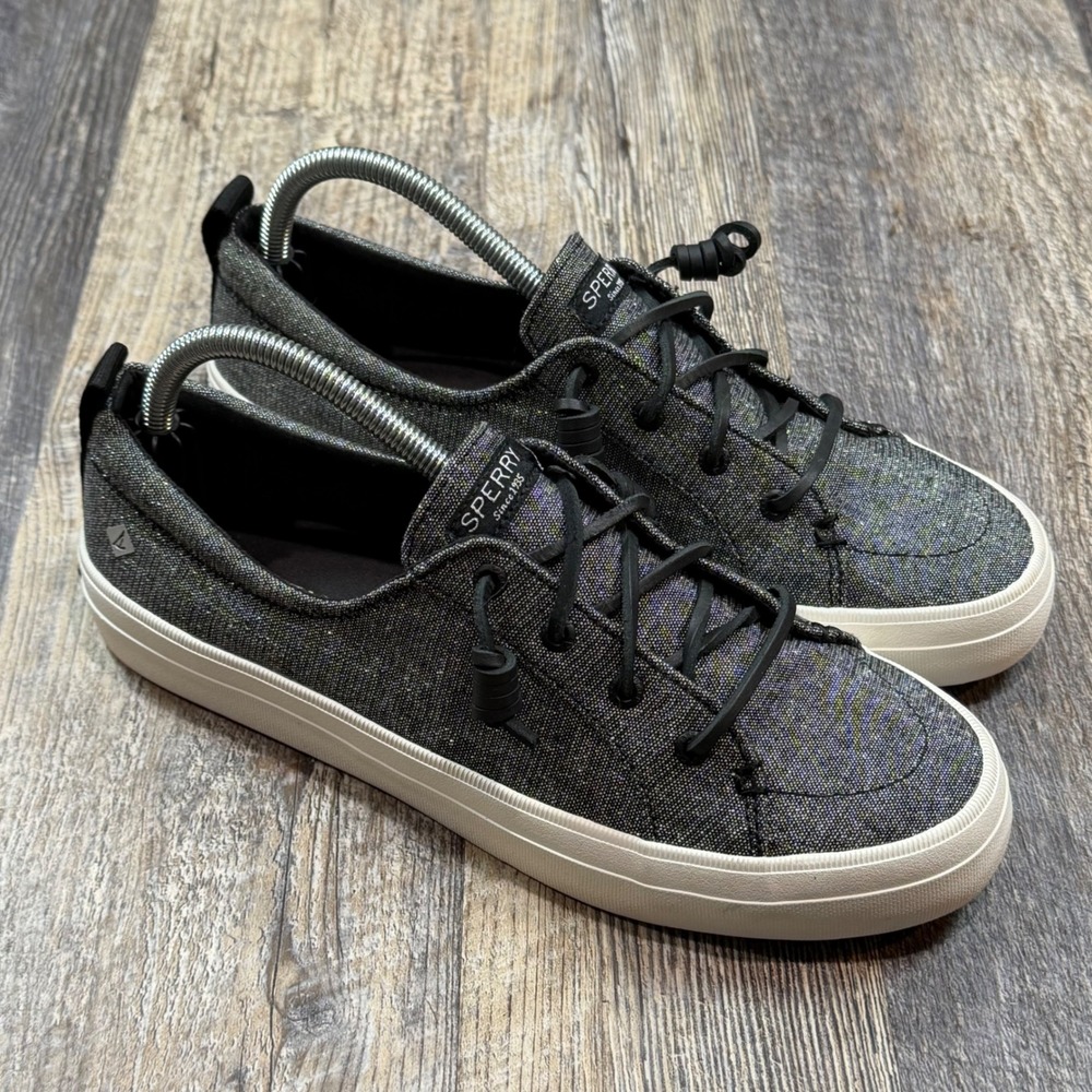 SPERRY Crest Vibe Linen Low Top Glitter Sneakers Black Silver Women's Size 9.5